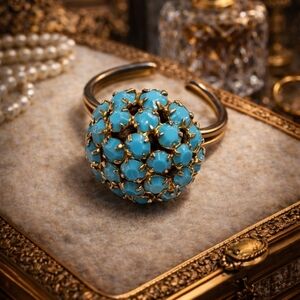 VINTAGE MID CENTURY TURQUOISE CLUSTER STARDUST DOME BYPASS RING